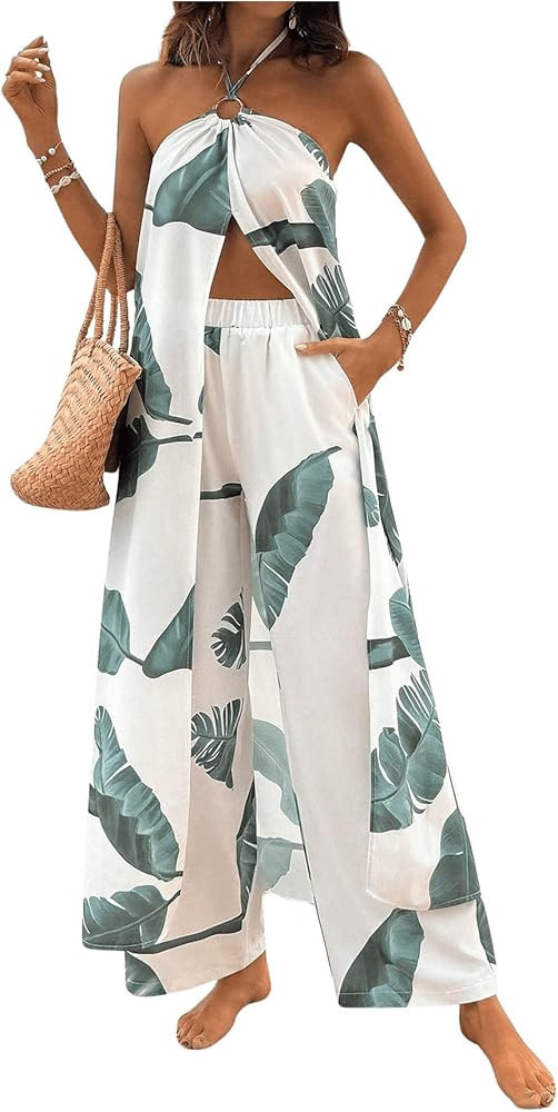 SHENHE Women's Tropical 2 Piece Outfits Split Hem Long Halter Top and Wide Leg Pants Set | Amazon (US)