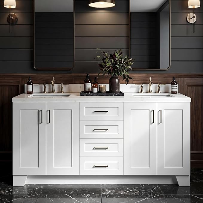 Emilia 72 Inch Bathroom Vanity Double Sink — White Bathroom Vanity with Sink, 1.5" Edge Carrara... | Amazon (US)