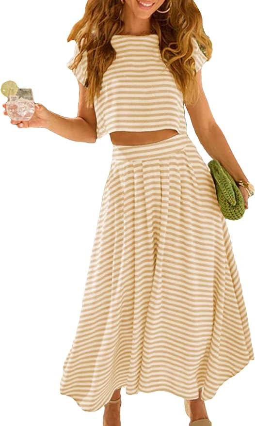 Zontroldy Women's Summer 2 Piece Outfits Striped Skirt Sets Cap Sleeve Crop Top Midi Dress Matchi... | Amazon (US)