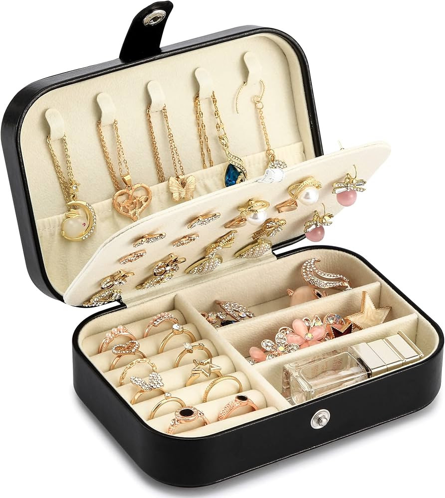 Travel Jewelry Box, PU leather Small Jewelry Organizer For Female Girls, double layer portable mi... | Amazon (US)