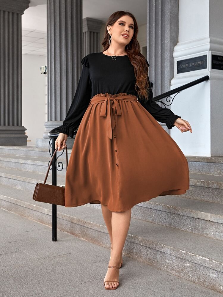 Plus Colorblock Flounce Sleeve Belted Dress | SHEIN