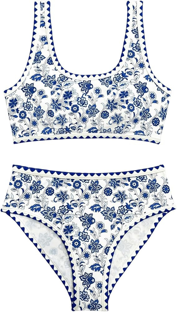 Women's 2 Piece Floral Print Bikini Set Y2K Tankini Set Boho High Waist Swimsuit Full Coverage Ba... | Amazon (US)