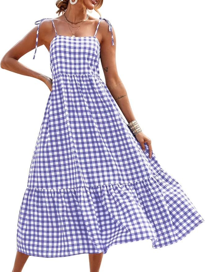 PRETTYGARDEN Summer Dress for Women Plaid Spaghetti Strap Square Neck Tiered Ruffle Flowy Maxi Dr... | Amazon (US)