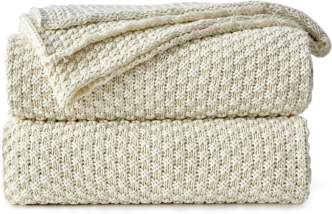Longhui bedding Cream Knitted Throw Blanket for Couch, Soft, Cozy Machine Washable 100% Cotton So... | Amazon (US)
