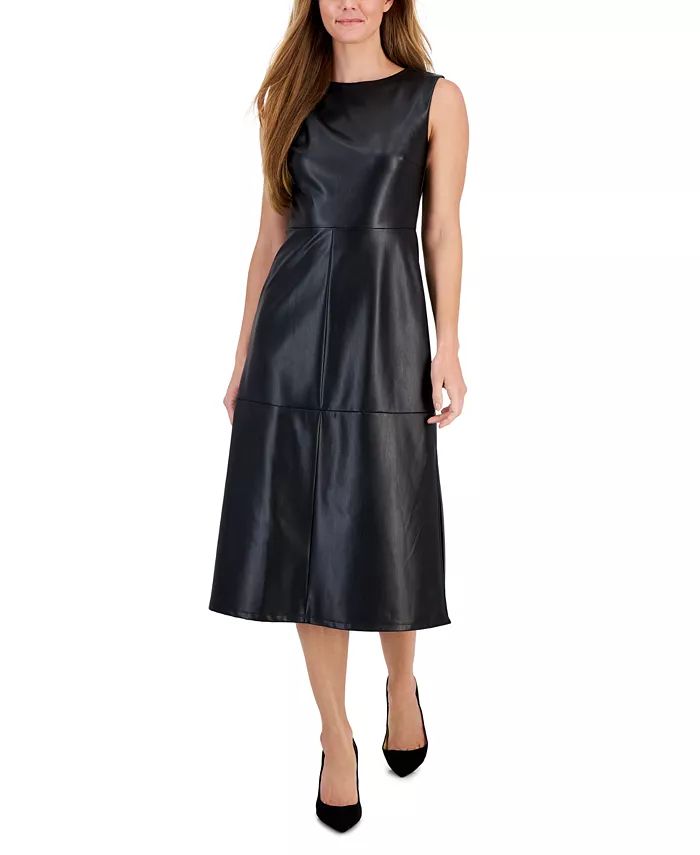 Anne Klein Women's Faux-Leather Sleeveless A-Line Dress - Macy's | Macy's