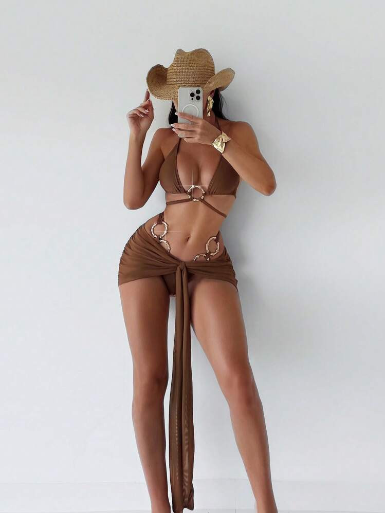 Swim SXY 3pcs/Set Solid Color Metal Ring Double Strap Hollow Design Side Panel With Rings Matched With High-Waisted Ruffle Skirt & Ribbon Embellished Bikini Set, Beach Vacation Style For Summer | SHEIN