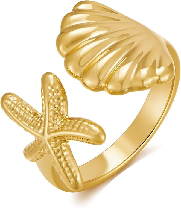 WOWORAMA Gold Conch Shell Starfish Rings for Women Chunky Adjustable Open Rings Gold Ocean Statem... | Amazon (US)