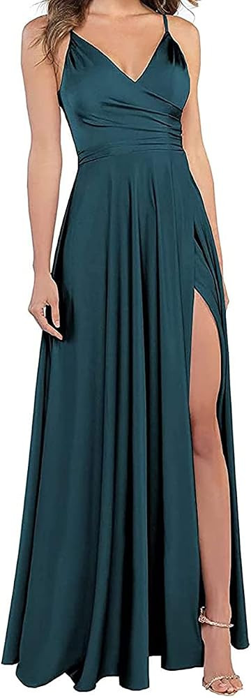 Lindo Noiva Long Bridesmaid Dresses for Women Formal Satin Spghetti Strap Prom Evening Gowns LNL0... | Amazon (US)