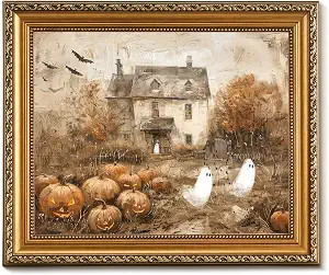 Vodefoad Retro Detachable Gold Framed Wall Art for Home Decor Halloween Pumpkins with Cute Ghost ... | Amazon (US)