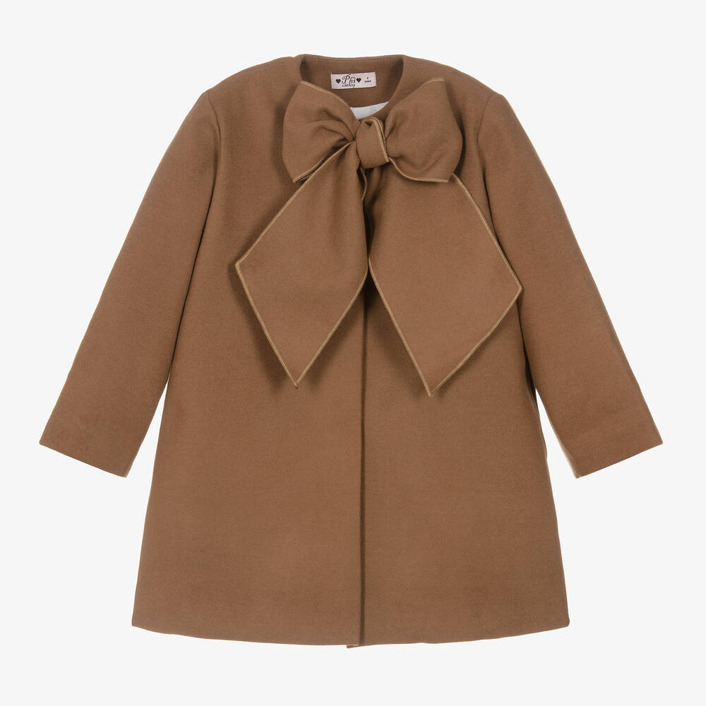 Girls Beige Bow Coat | Childrensalon