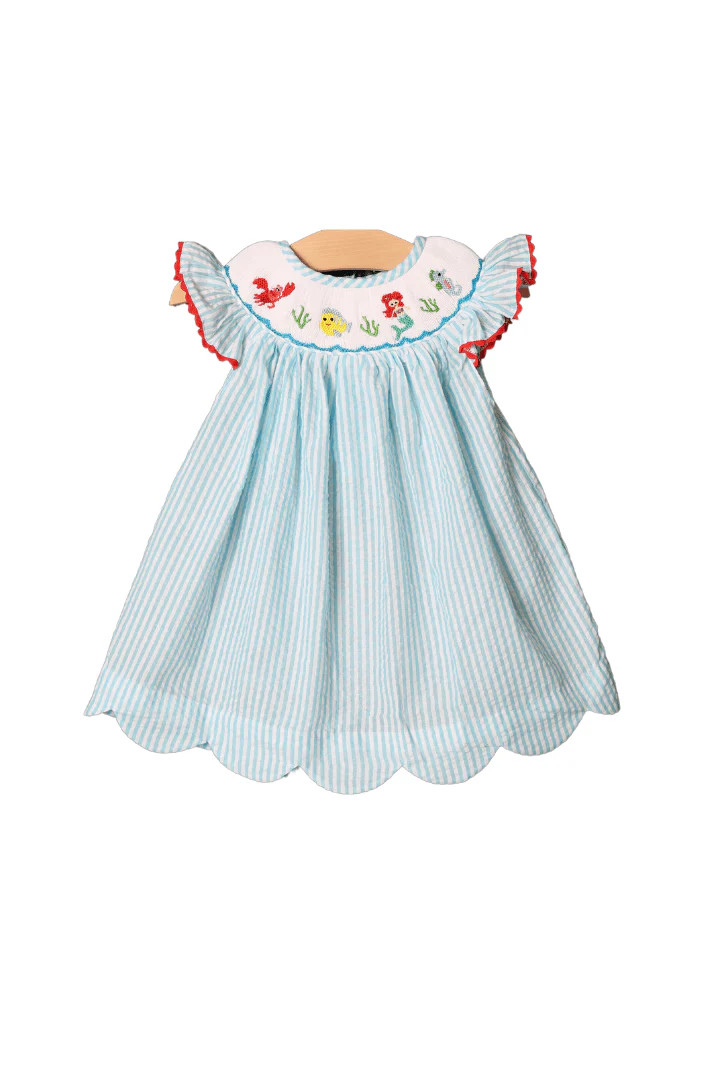 Smocked Mermaid Aqua Seersucker Dress | The Smocked Flamingo