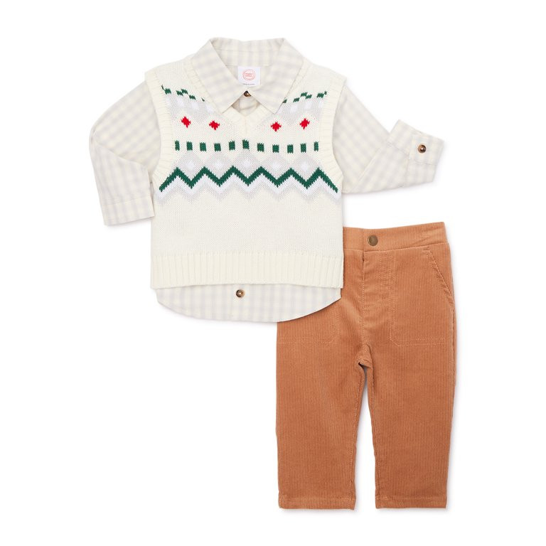 Wonder Nation Baby Boys’ Holiday Sweater Vest, Shirt, and Pants Outfit Set, 3-Piece Set, Sizes ... | Walmart (US)