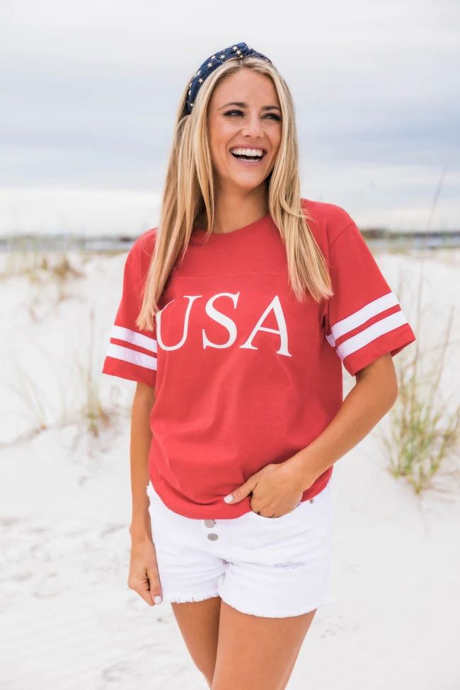 Classic USA Varsity Graphic Red Tee | Pink Lily