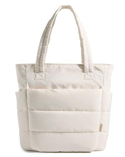 BAGSMART Tote Bag for Women, Lightweight Puffy Tote Bag with Compartments Shoulder Bag Handbag for Travel, Work, Gym, (Beige, Slim Size) | Amazon (US)