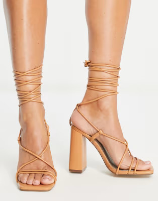 Missguided tie up block heeled sandals in tan | ASOS (Global)