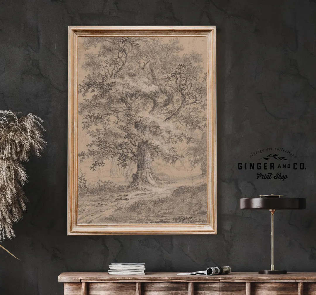A Leafy Oak PRINTABLE DIGITAL DOWNLOAD Vintage Tree Sketch, Moody Tree Print, Landscape Drawing -... | Etsy (US)