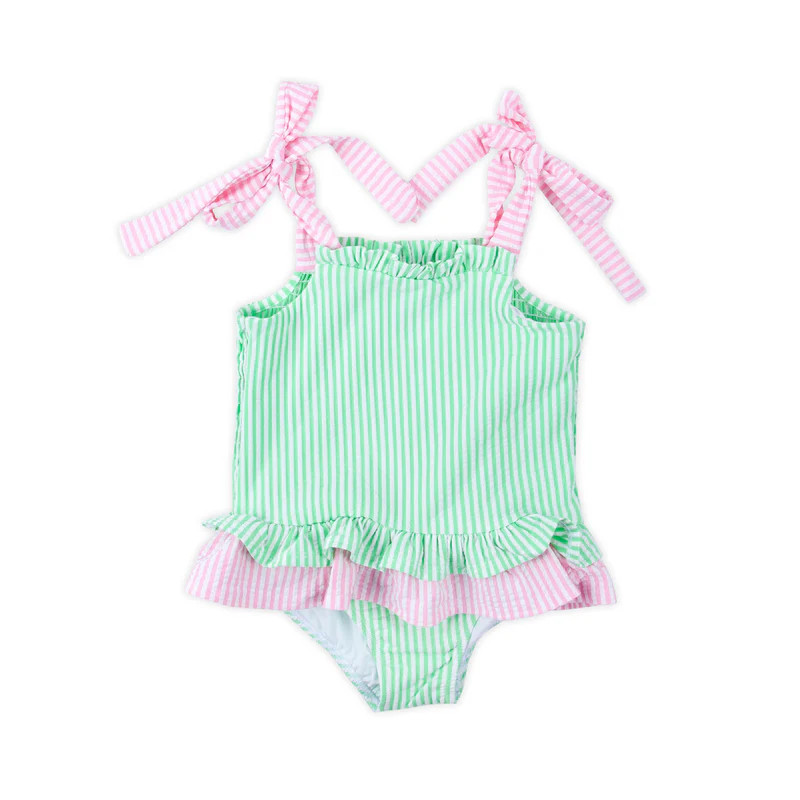 Santorini Green & Pink Stripe One Piece Swimsuit | Classic Whimsy