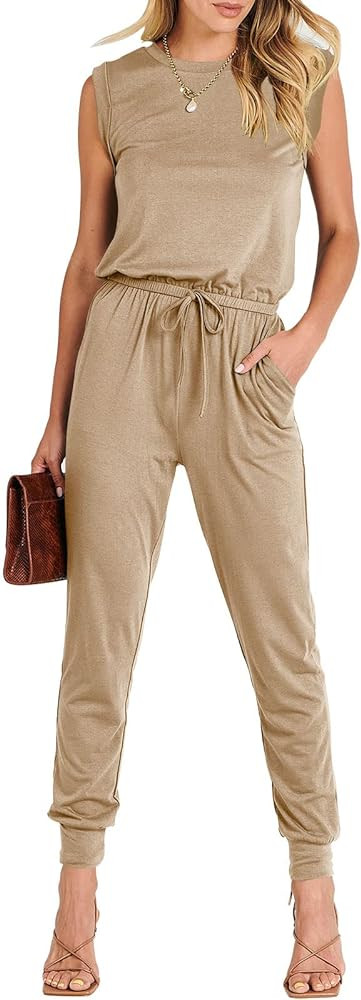 ANRABESS Women’s Summer Crewneck Sleeveless Casual Loose Stretchy Jumpsuits Rompers with Pockets | Amazon (US)