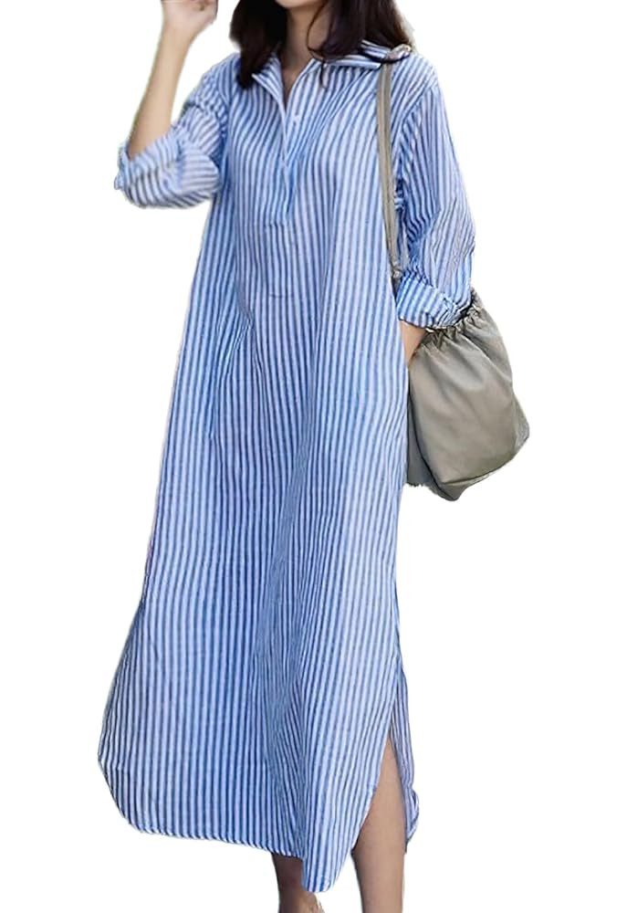chouyatou Women Casual Long Sleeve V Neck Striped Shift Dress Loose Long Maxi Cotton Shirt Dress ... | Amazon (US)