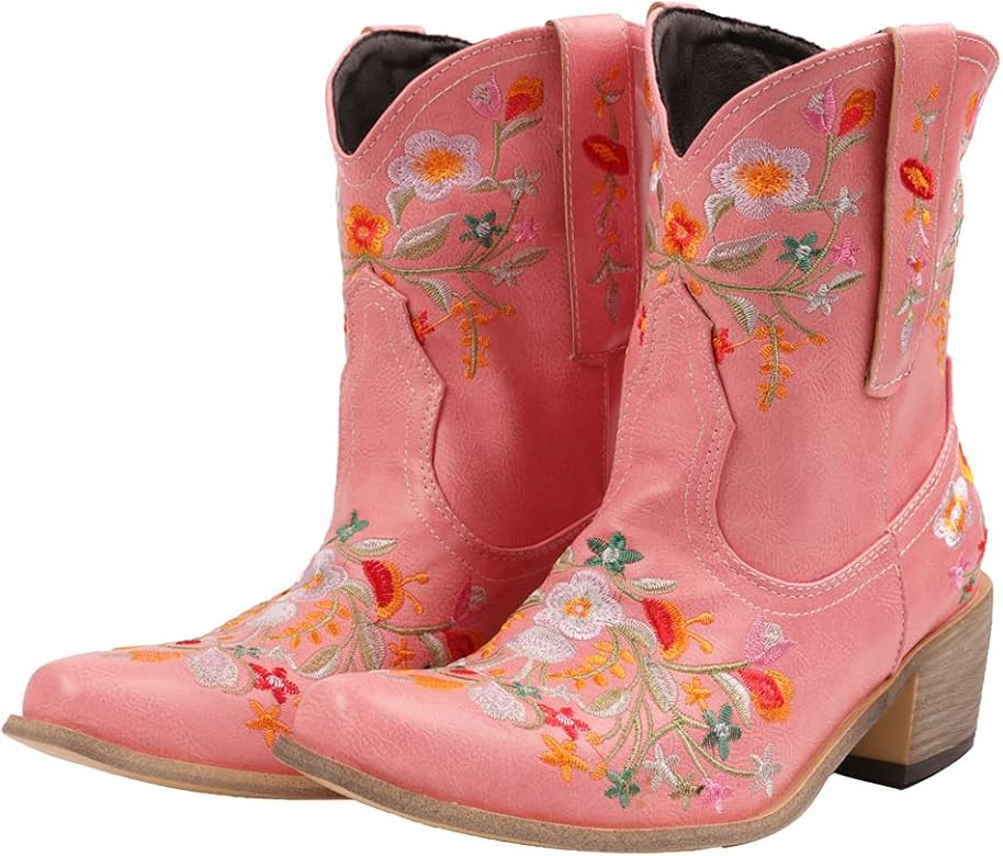 heelchic Women Vintage Flower Embroidered Cowgirl Boots Retro Short Western Ankle Boots… | Amazon (US)