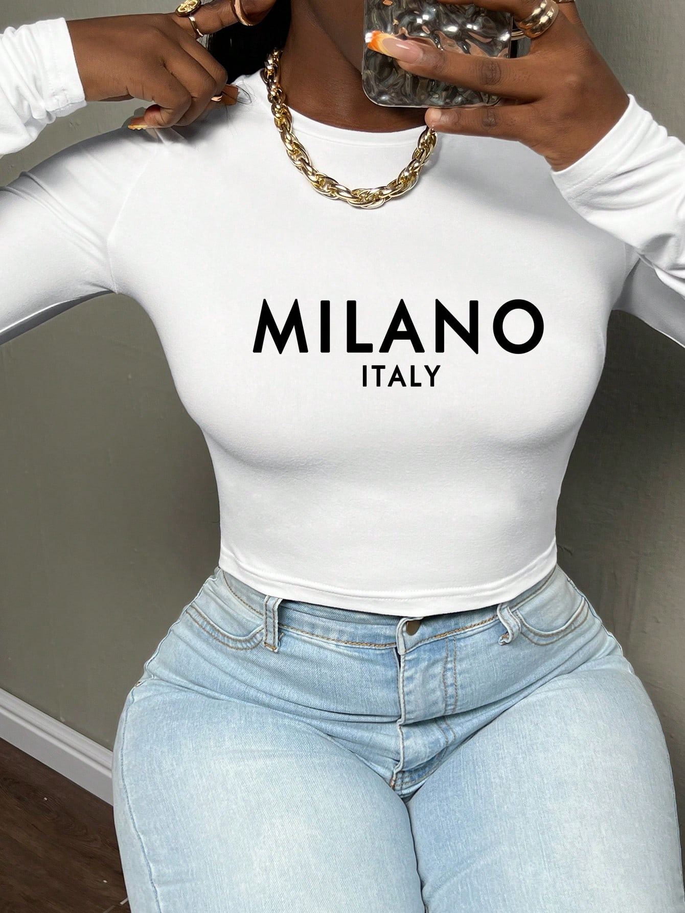 SHEIN Slayr Casual Women's Short Round Neck Long Sleeve Tight-Fit T-Shirt With 2024 Paris Sports ... | SHEIN