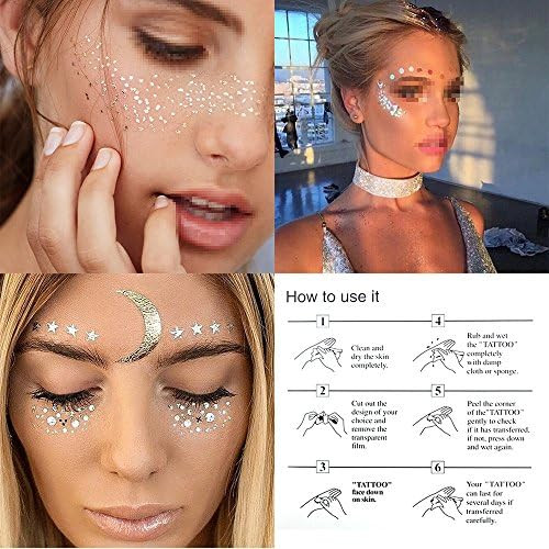 3 Sheets Face Tattoo Sticker Metallic Shiny Temporary Water Transfer Tattoo for Professional Make... | Amazon (US)