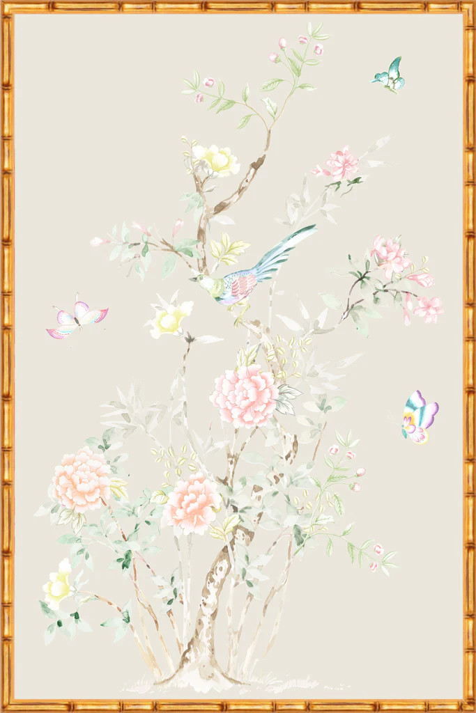 "Chinoiserie Garden 2" Framed Panel in "Dune" by Lo Home X Tashi Tsering | Lo Home by Lauren Haskell Designs