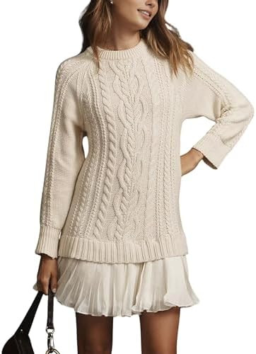 Women Cable Knit Sweater Dress Crewneck Long Sleeve Pleated Mini Dress Twofer Style Patchwork Dre... | Amazon (US)