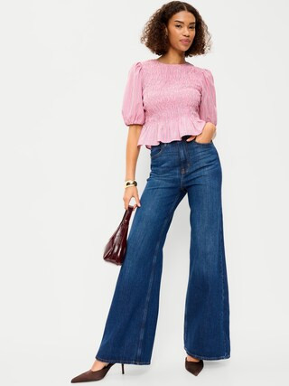 Smocked Puff Sleeve Peplum Top | Old Navy (US)