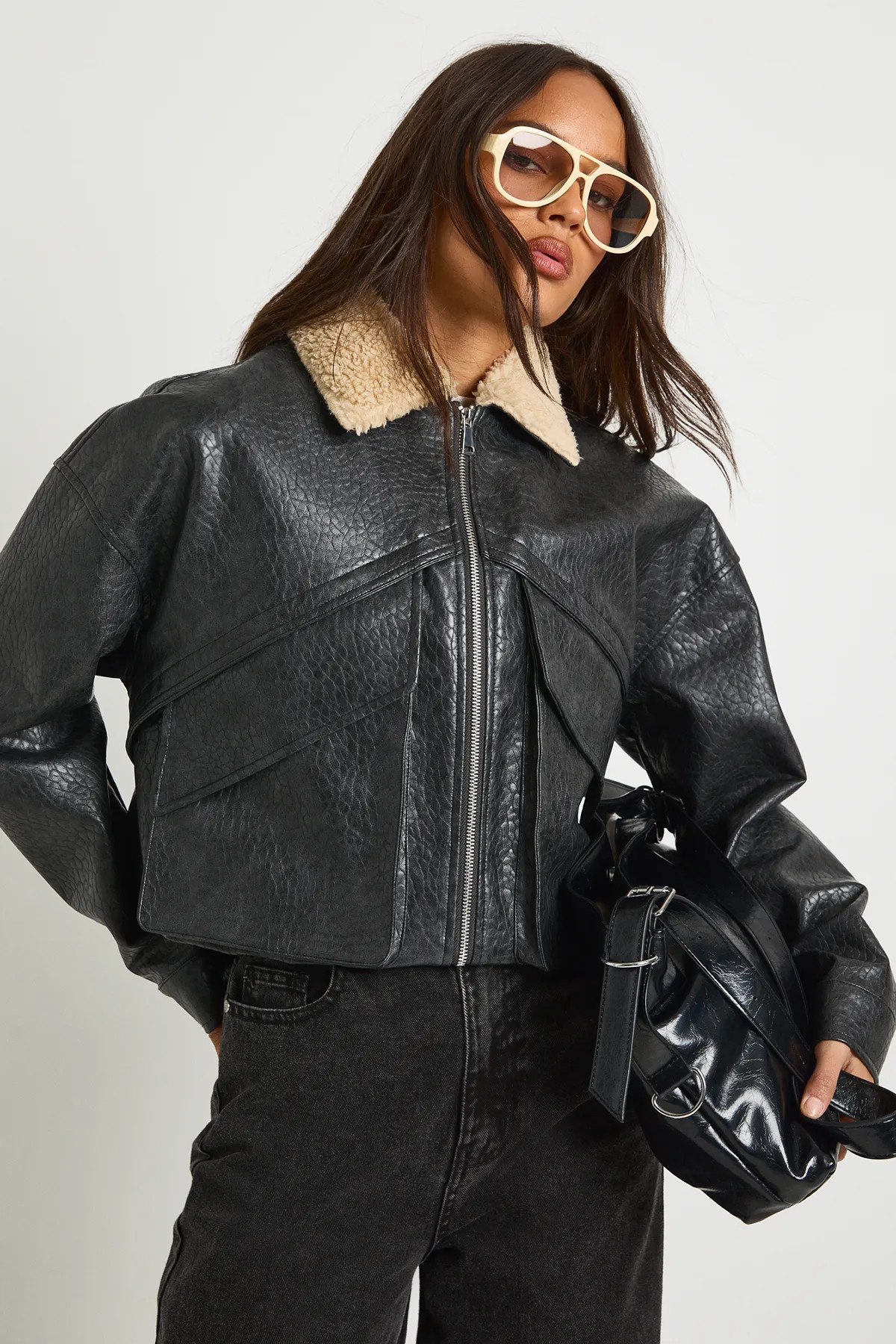 Faux Fur Collar Faux Leather Bomber Jacket | Nasty Gal US