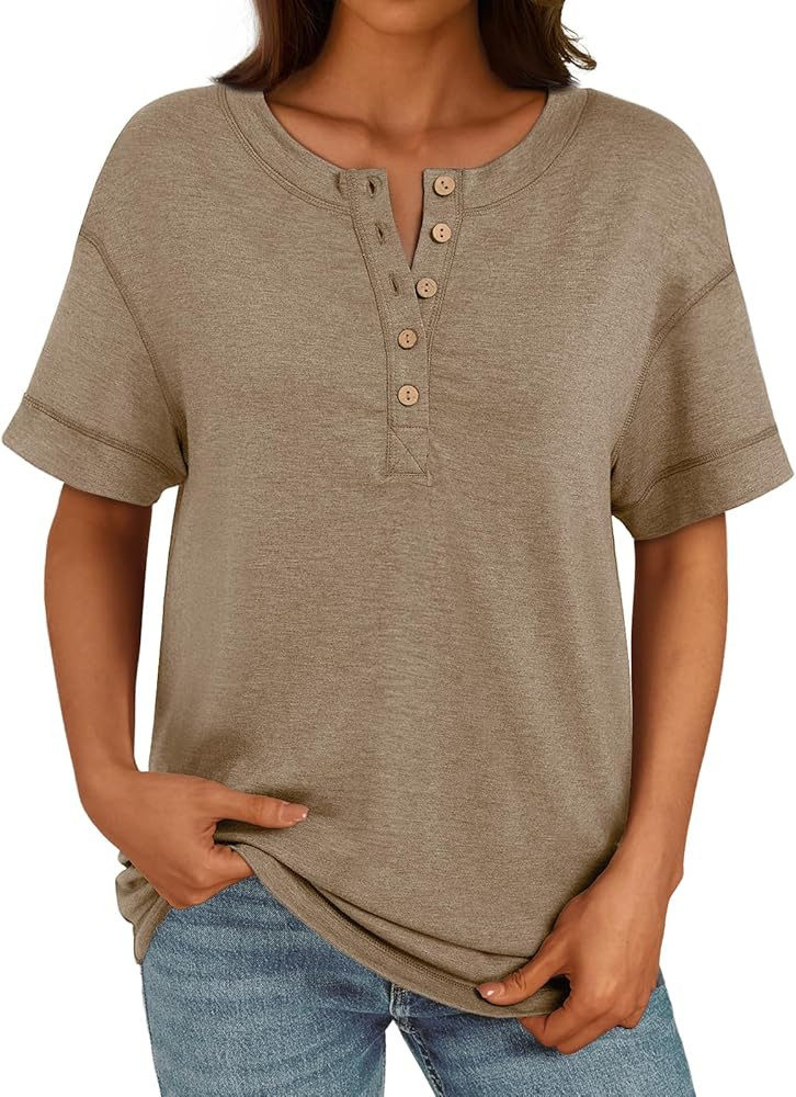 AUTOMET Womens Short Sleeve Henley Shirts Summer Dressy Casual Flowy Tops Loose Fit Basic Trendy ... | Amazon (US)