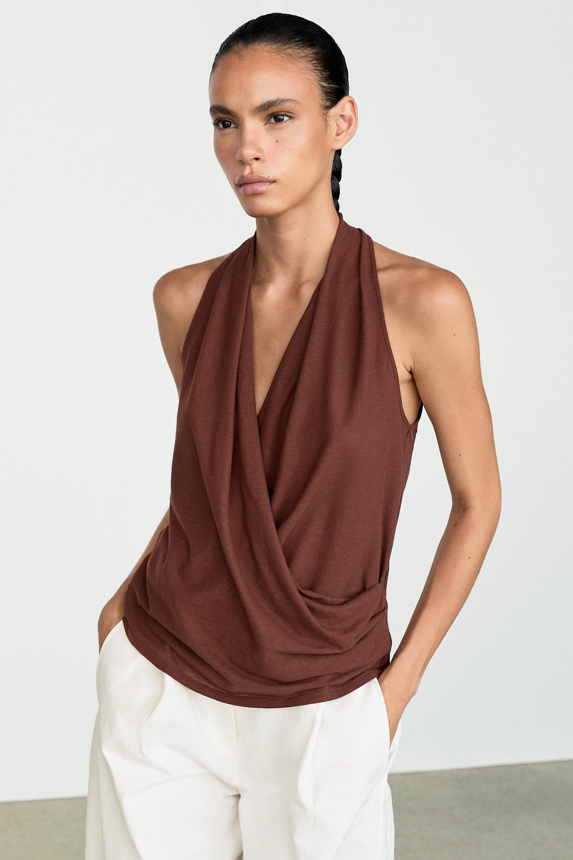 100% cotton draped surplice top | Massimo Dutti US