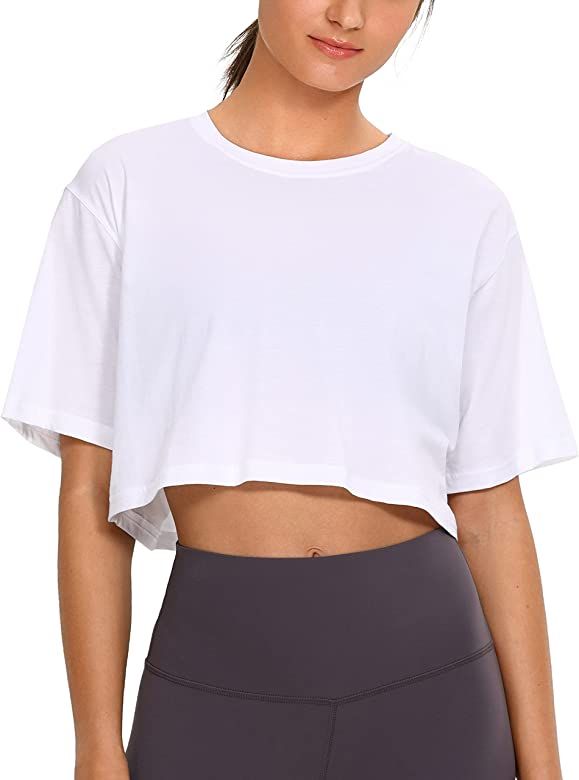 CRZ YOGA Women's Pima Cotton Workout Crop Tops Short Sleeve Yoga Shirts Casual Athletic Running T-Sh | Amazon (US)