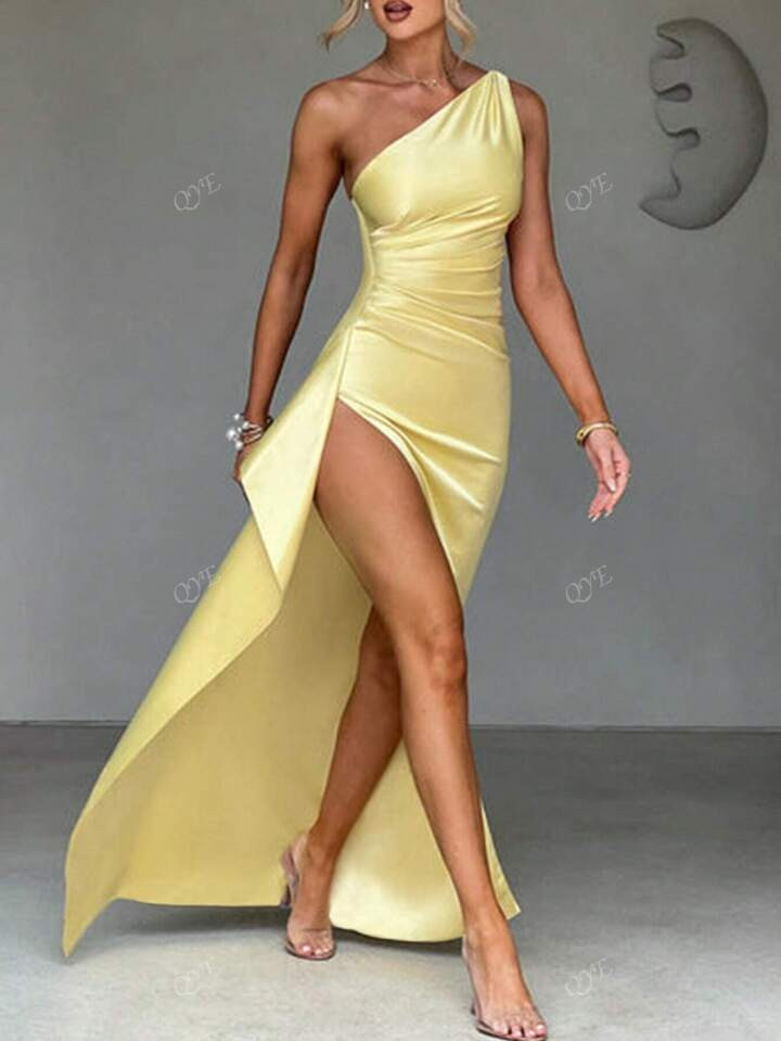 Women's Solid Color Silk Satin One Shoulder Ruched Maxi Dress Sexy Backless High Slit To Thigh Cl... | SHEIN