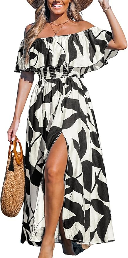 CUPSHE Women Ruffle Floral Maxi Summer Dress Off Shoulder Short Sleeve Backless Flounce Bodice Sl... | Amazon (US)