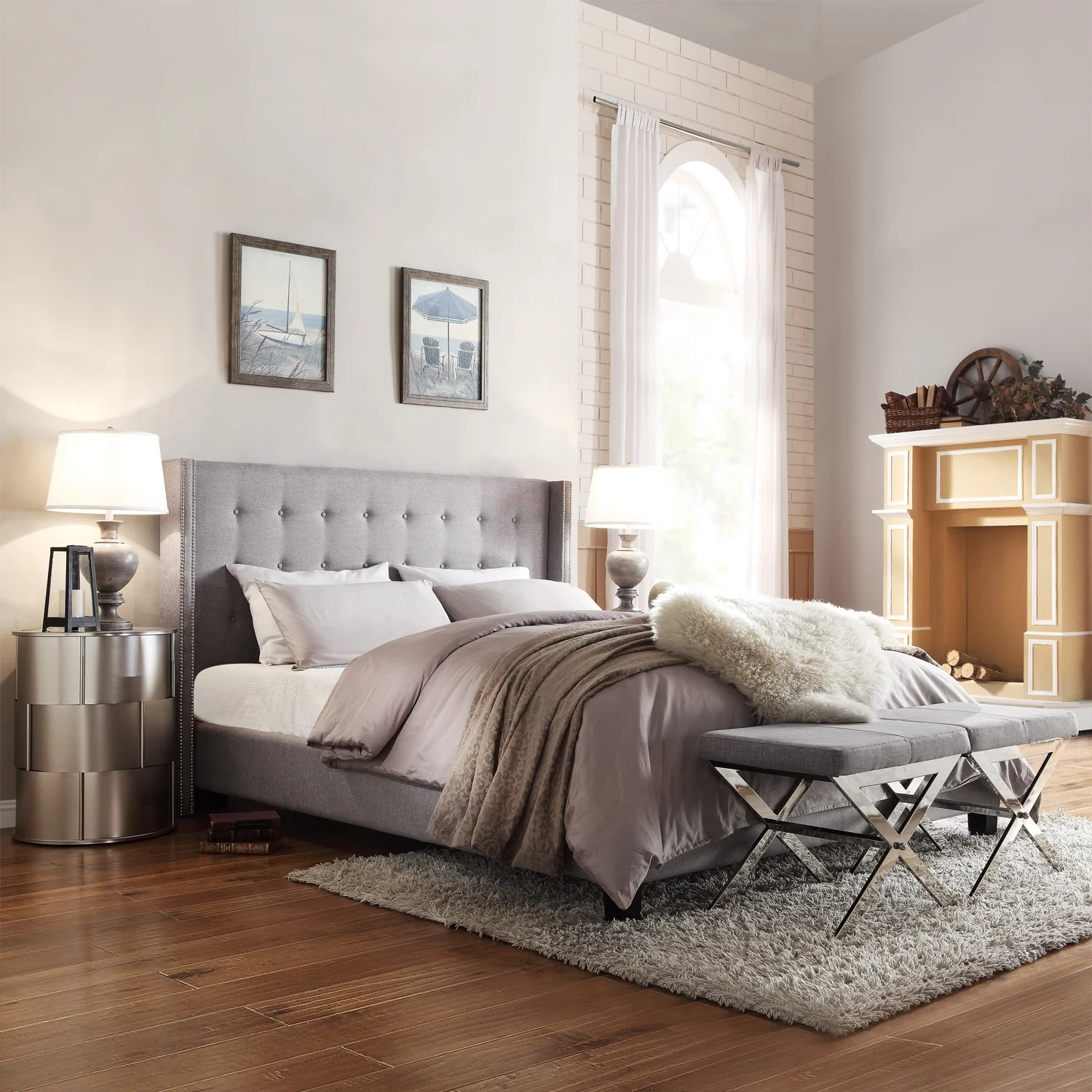 Weston Home Curtis I Upholstered Queen Bed with Wingback Nailhead Headboard, Gray | Walmart (US)