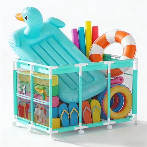 Kompoll Pool Storage Bin, XXL Large Rolling Mesh Pool Float Storage with 10 Upgraded Wheels, Outdoor Pool Toy Organizer Basket for Noodles, Floats, Goggles & Swimming Accessories, Cyan | Amazon (US)