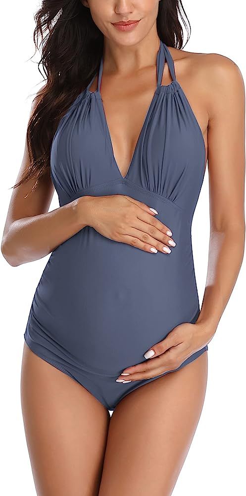 EastElegant Maternity Swimsuits One Piece V-Neck Pregnancy Swimwear Halter Maternity Bikini | Amazon (US)