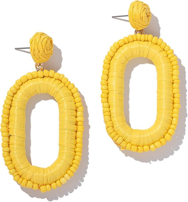 Beaded Raffia Boho Earrings - Cute Seed Bead Square Drop Dangle Earrings for Summer | Amazon (US)