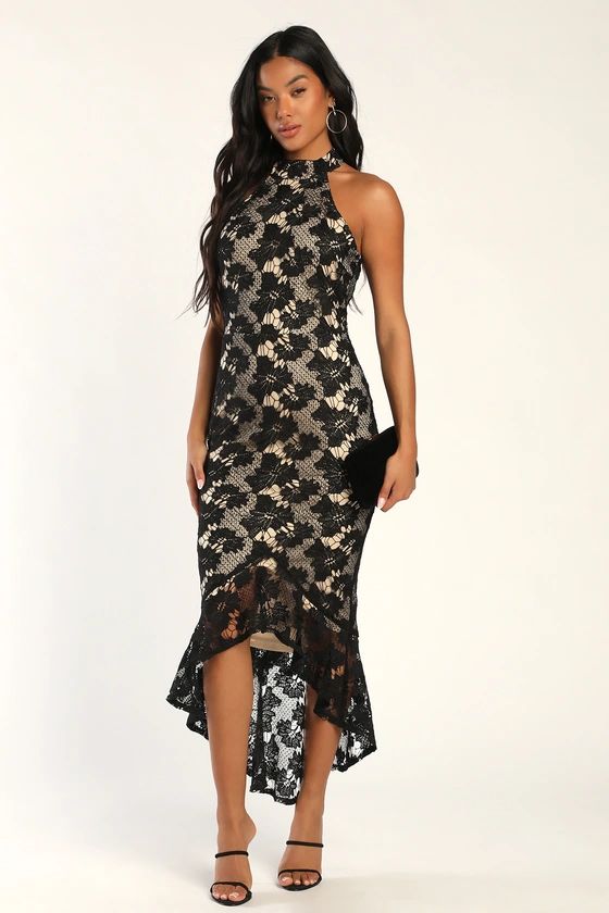 All the Charm Black and Beige Lace Sleeveless High-Low Dress | Lulus (US)