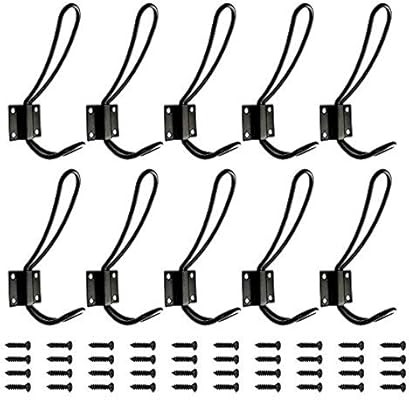 Rustic Entryway Hooks | 10 Pack of Black Wall Mounted Vintage Double Coat Hangers with Large Meta... | Amazon (US)
