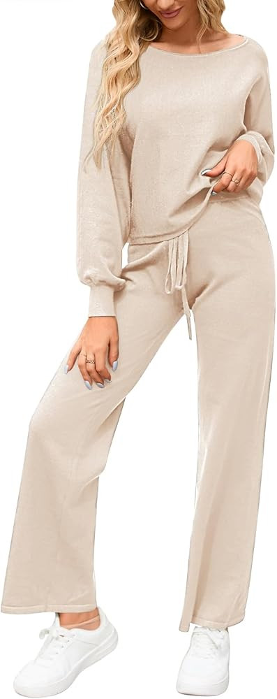 Meenew Women's 2 Piece Sweatsuits Long Sleeve Knit Sweater Wide Leg Pants Outfits Loungewear Set | Amazon (US)