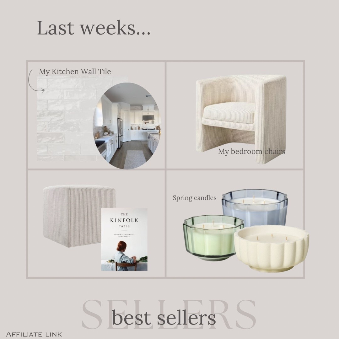 Last weeks BEST sellers!! 



Accent chairs, barrel chair, backsplash, kitchen tile, kitchen Inspo, zellige tile, ottoman, home decor, spring candles, spring decor, cookbook, kitchen decor, neutral home 




#target #hearthandhand #homedepot #homedecor  

#LTKSeasonal #LTKHome
