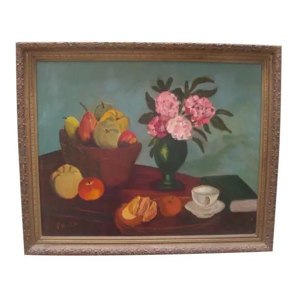 Mid 20th Century Tabletop Fruit and Floral Still Life Oil Painting, Framed | Chairish