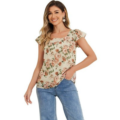 INSPIRE CHIC Women's Chiffon Ruffle Sleeve Square Neck Floral Print Blouse Medium Beige Pink | Target