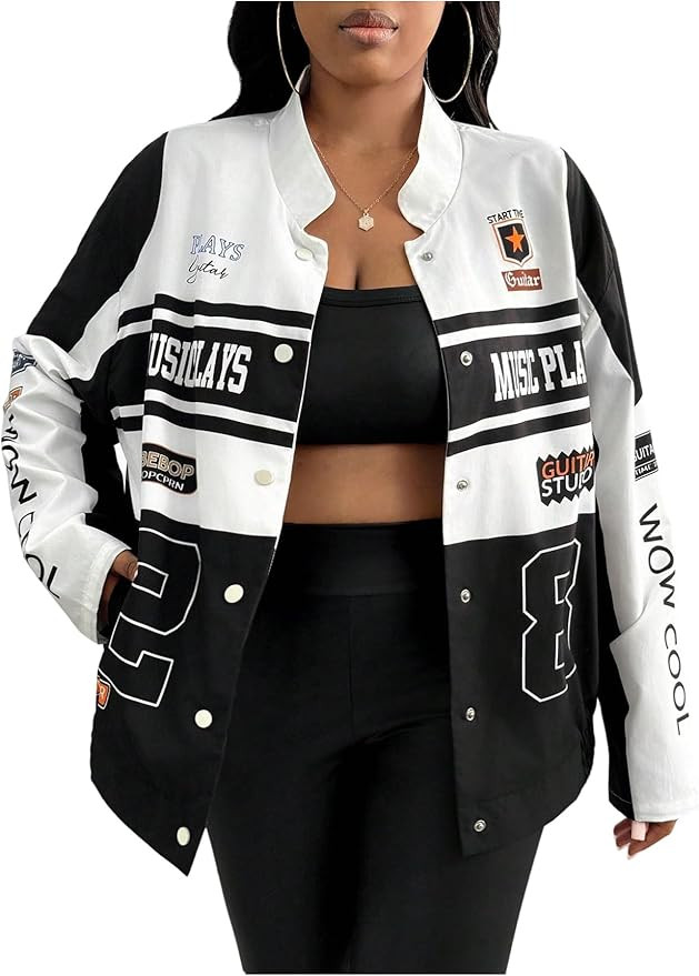 SweatyRocks Women's Plus Size Oversized Varsity Jackets Y2k Graphic Print Racing Bomber Jacket | Amazon (US)