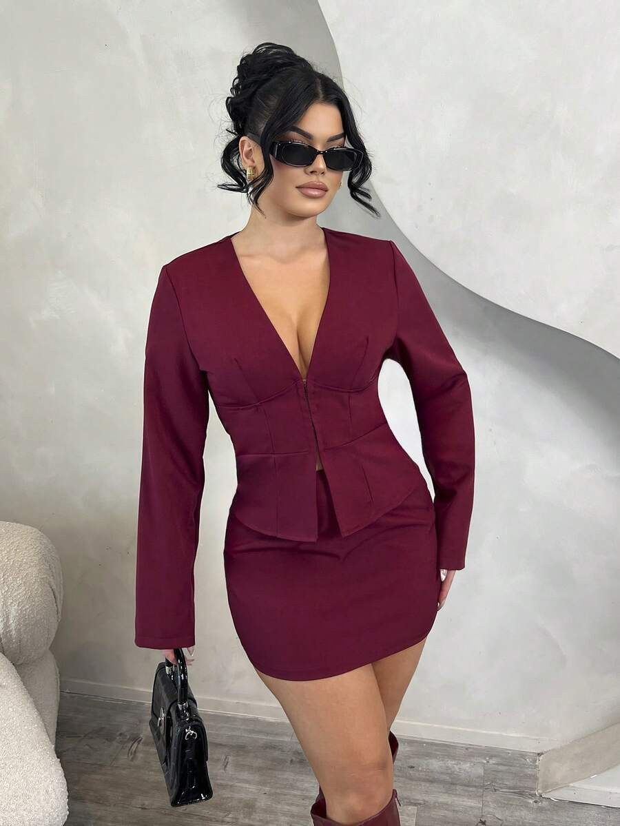 Dayanna Comas Women's Elegant Sexy Office Lady Deep V Neck Long Sleeve Top, Mini Skirt, Suit Set,... | SHEIN