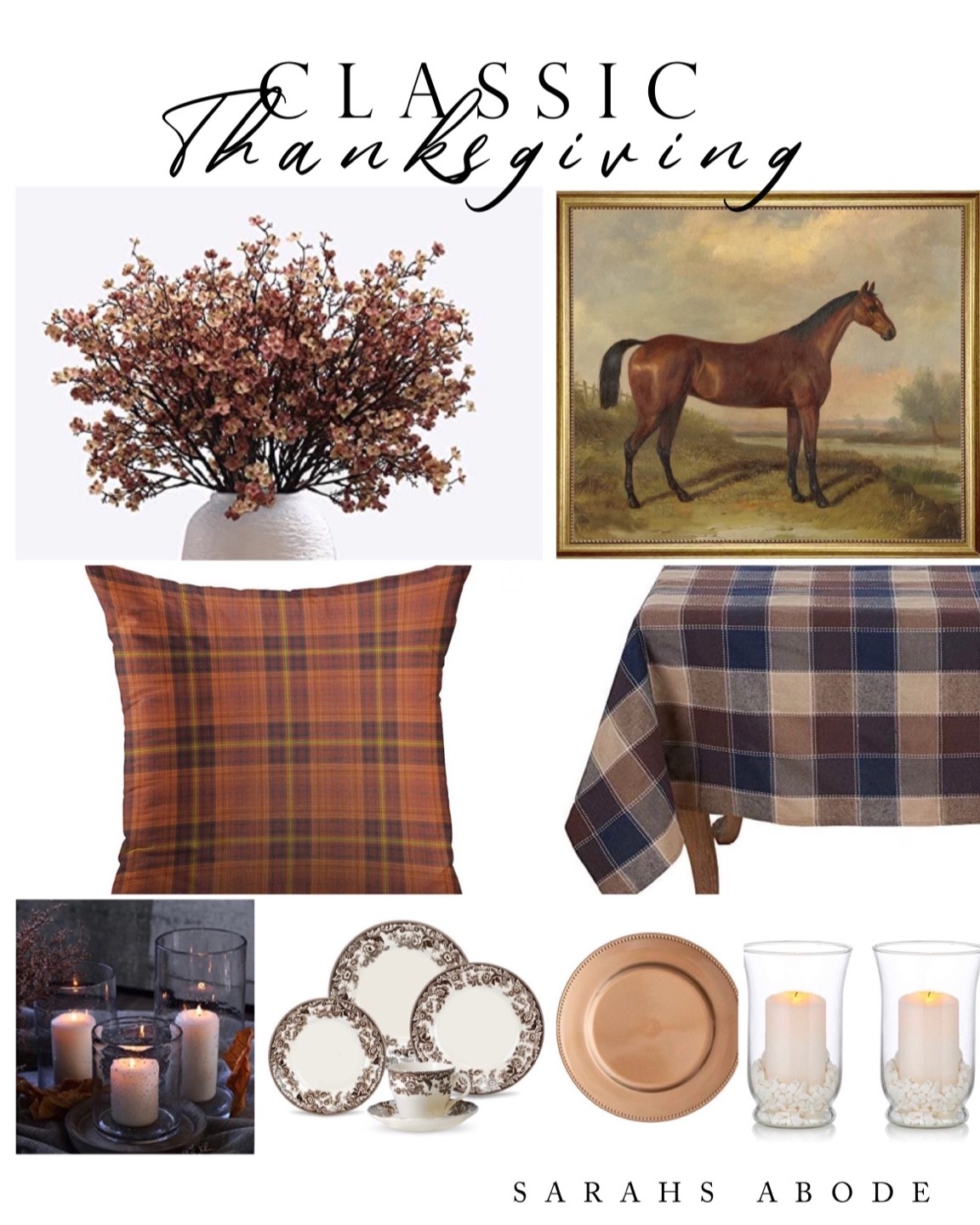 Look for less of Ralph Lauren classic traditional Thanksgiving table setting. 
Plaid tablecloth. Spode Delamere plate. Brown floral plates. Large glass hurricane. Copper plate chargers. Plaid throw pillow  

#LTKSeasonal #LTKhome #LTKfamily