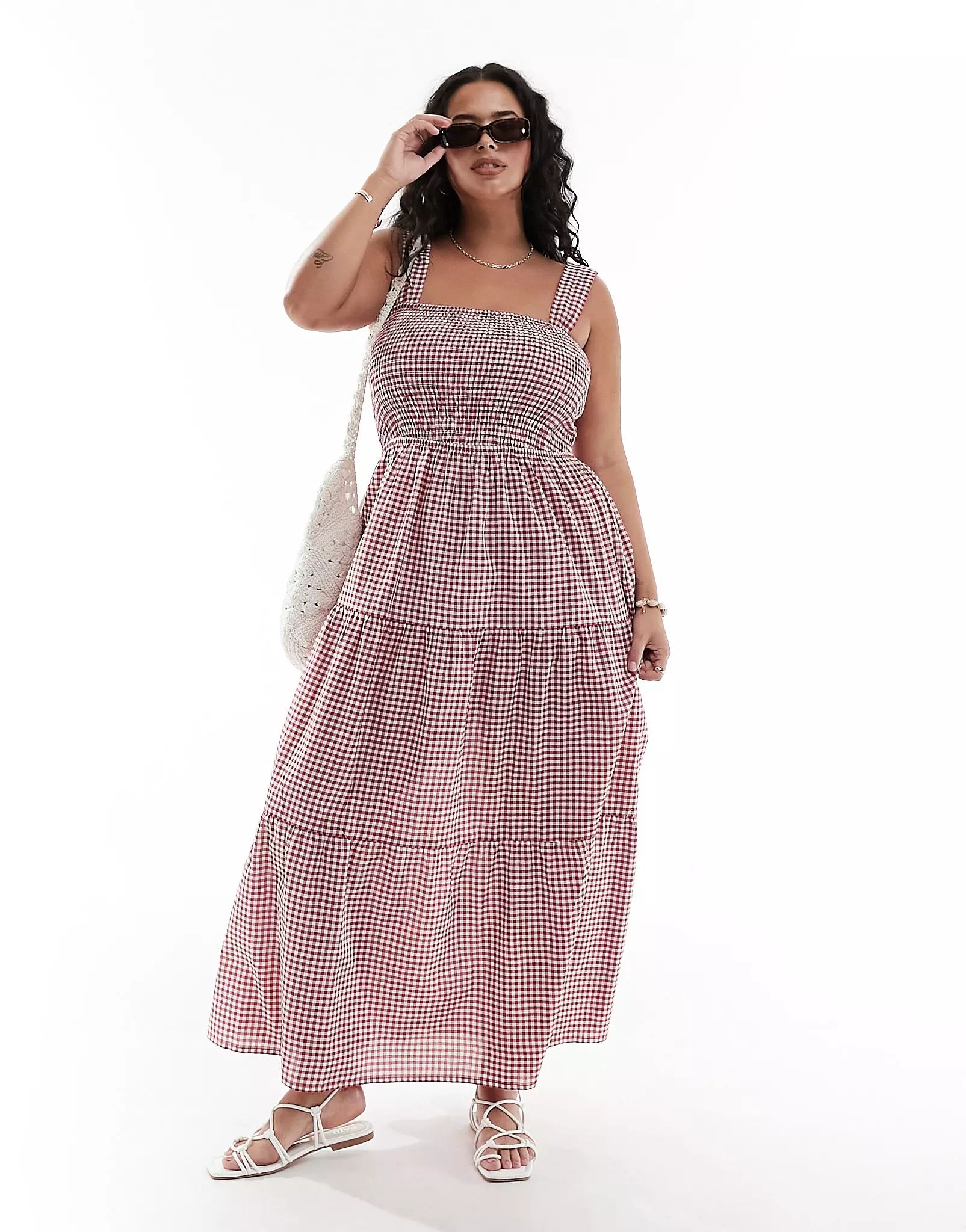 Esmee Plus shirred waist maxi summer dress in red and white gingham | ASOS (Global)