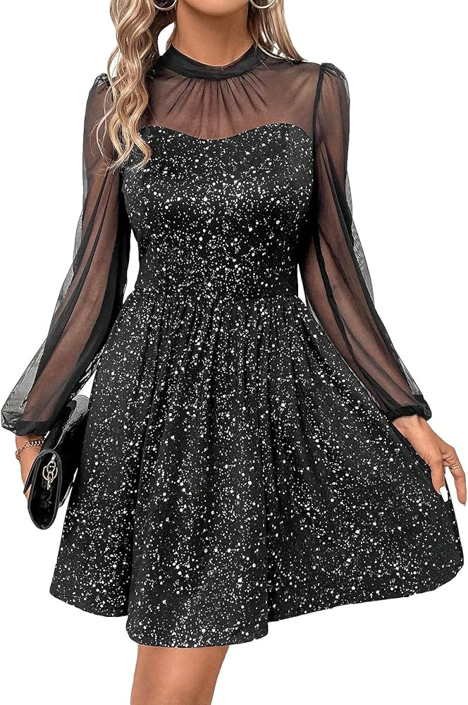 Floerns Women's Contrast Mesh Long Sleeve Mock Neck Glitter Party A Line Dress | Amazon (US)